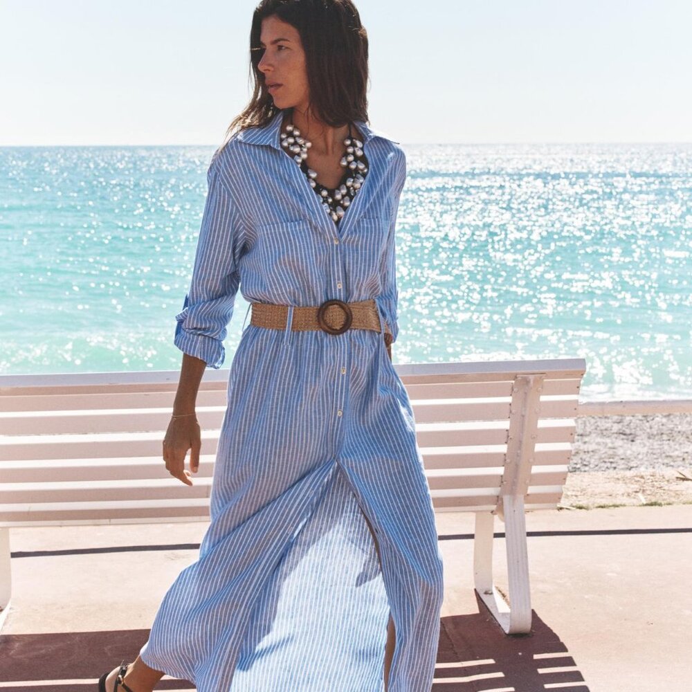 Zara Belted Linen Midi Shirt Dress V-Neck Tab Sleeve Striped Blue White Size XL - Picture 2 of 11